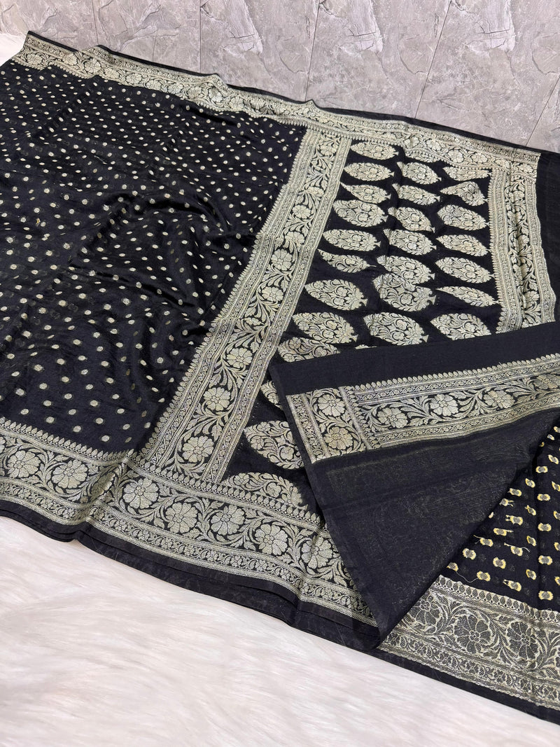 SAREEN Black Banarasi Silk Saree with Silver Zari Border