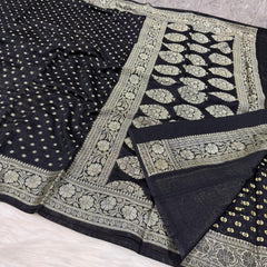 SAREEN Black Banarasi Silk Saree with Silver Zari Border