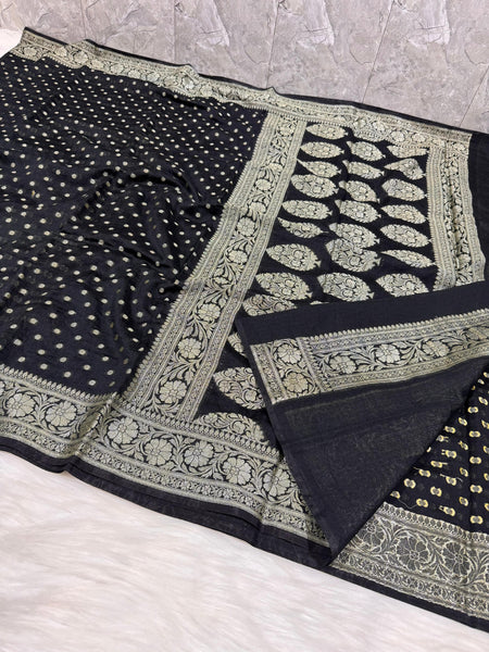 SAREEN Black Banarasi Silk Saree with Silver Zari Border