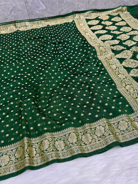 SAREEN Bottle Green Georgette Silk Saree with Gold Zari Butti & Heavy Border