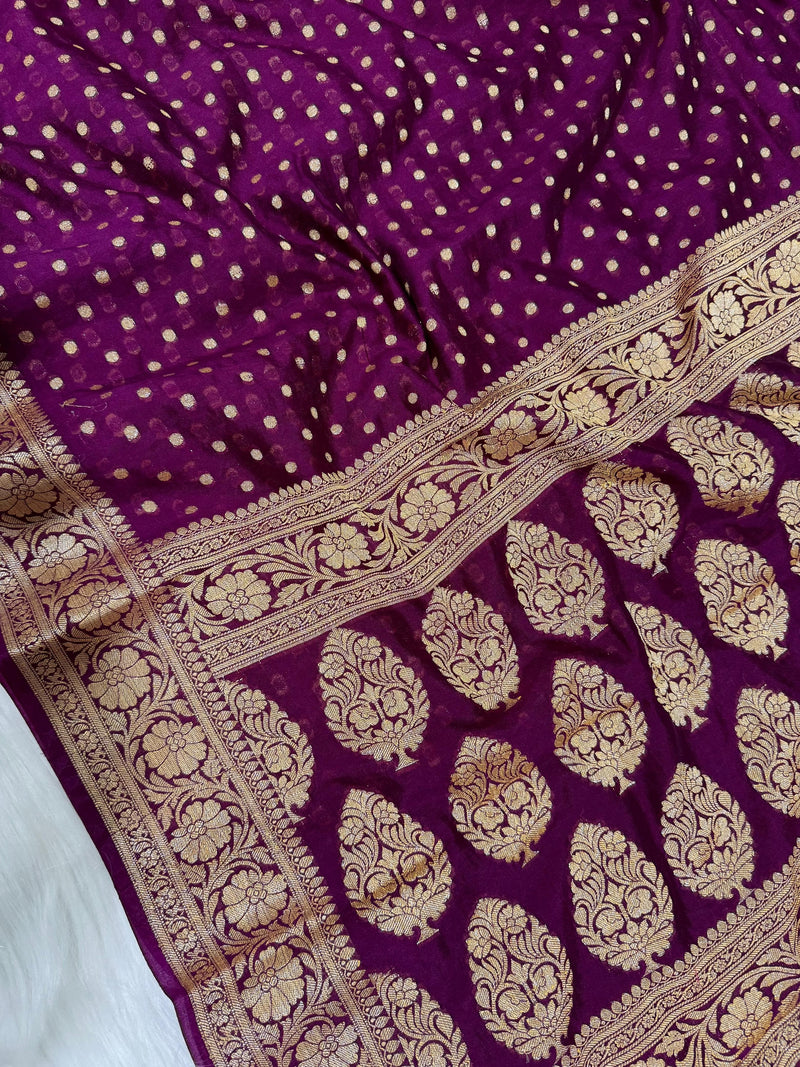 SAREEN Royal Purple Georgette Silk Saree with Gold Zari Butti & Heavy Woven Border
