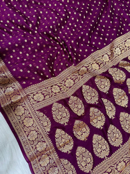 SAREEN Royal Purple Georgette Silk Saree with Gold Zari Butti & Heavy Woven Border