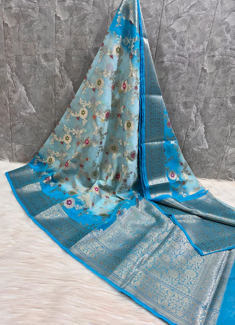 Sky Blue Georgette Silk Saree with Floral Zari Work | SAREEN