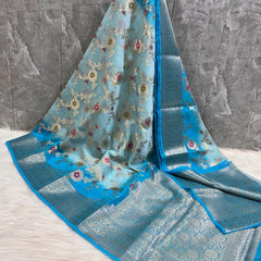 Sky Blue Georgette Silk Saree with Floral Zari Work | SAREEN