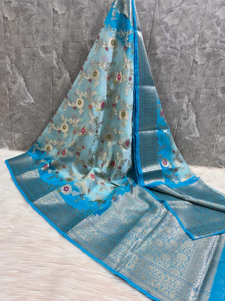 Sky Blue Georgette Silk Saree with Floral Zari Work | SAREEN