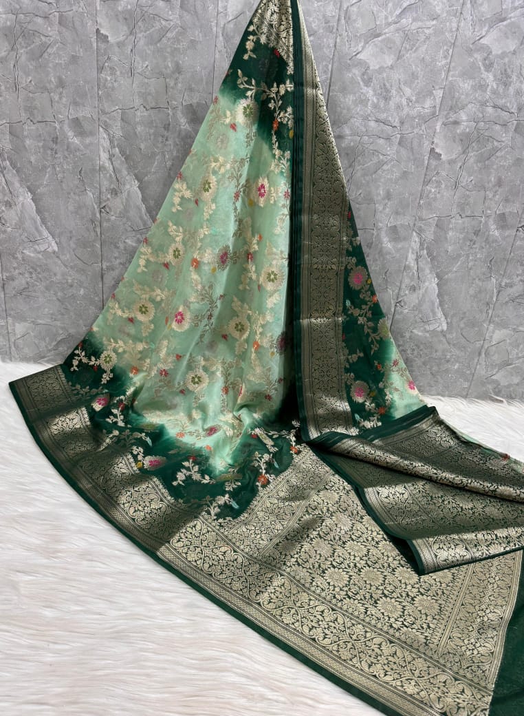 SAREEN Mint Green Georgette Chiffon Silk Saree with Floral Zari Border