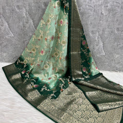 SAREEN Mint Green Georgette Chiffon Silk Saree with Floral Zari Border