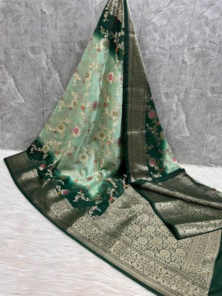 SAREEN Mint Green Georgette Chiffon Silk Saree with Floral Zari Border