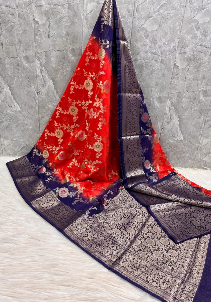 SAREEN Red Blue Georgette Chiffon Silk Saree with Zari Border