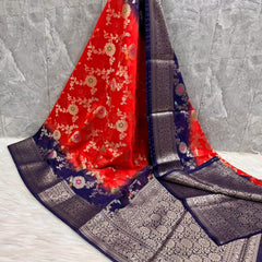 SAREEN Red Blue Georgette Chiffon Silk Saree with Zari Border