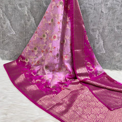 SAREEN Dual Tone Pink Georgette Chiffon Silk Saree with Zari Border
