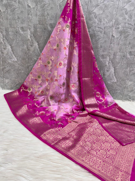 SAREEN Dual Tone Pink Georgette Chiffon Silk Saree with Zari Border