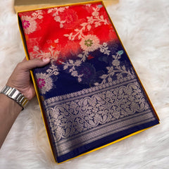 SAREEN Red Blue Georgette Chiffon Silk Saree with Zari Border