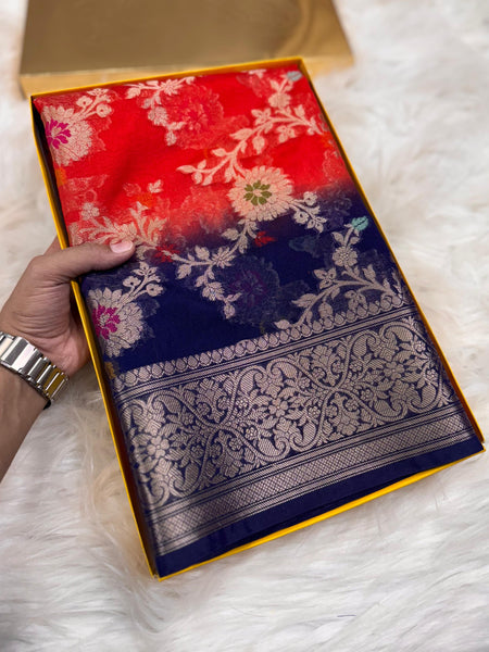 SAREEN Red Blue Georgette Chiffon Silk Saree with Zari Border