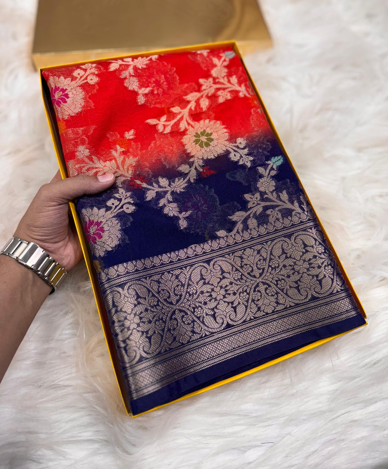 SAREEN Red Blue Georgette Chiffon Silk Saree with Zari Border