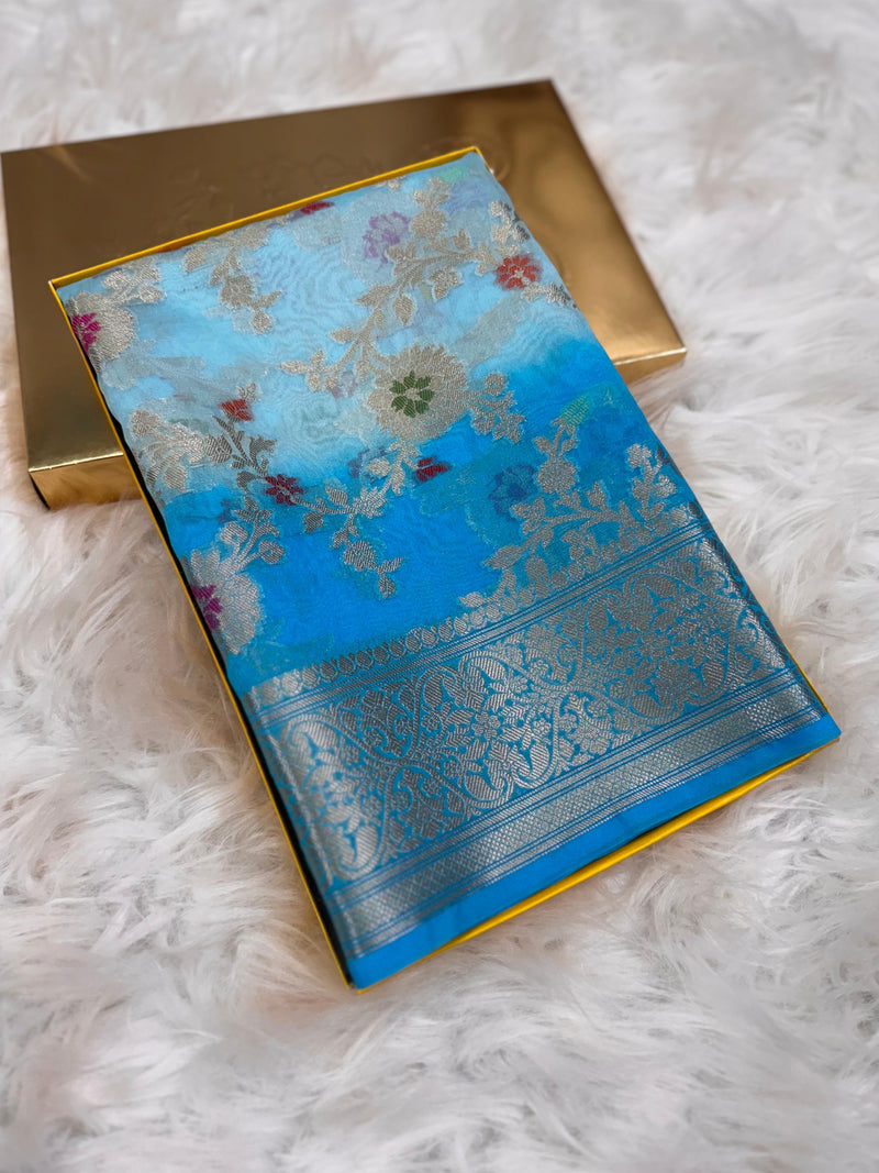 Sky Blue Georgette Silk Saree with Floral Zari Work | SAREEN