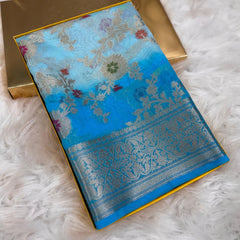 Sky Blue Georgette Silk Saree with Floral Zari Work | SAREEN