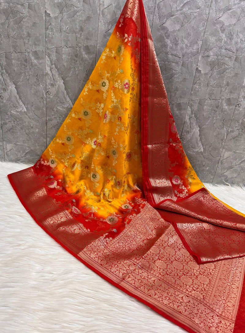 Yellow Red Georgette Chiffon Silk Saree with Zari Border | SAREEN