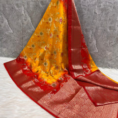 Yellow Red Georgette Chiffon Silk Saree with Zari Border | SAREEN