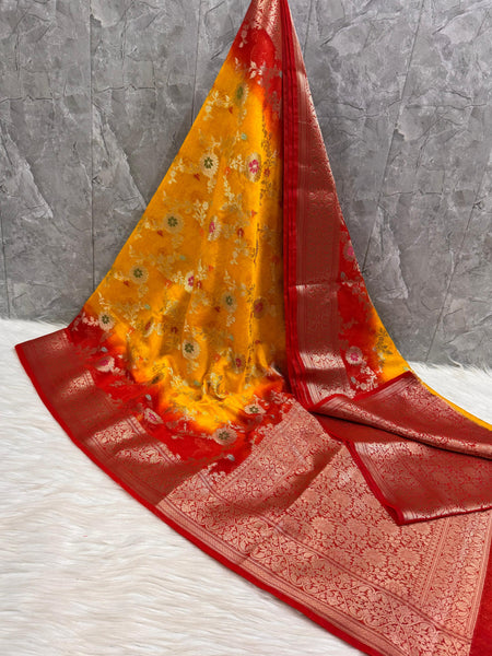 Yellow Red Georgette Chiffon Silk Saree with Zari Border | SAREEN