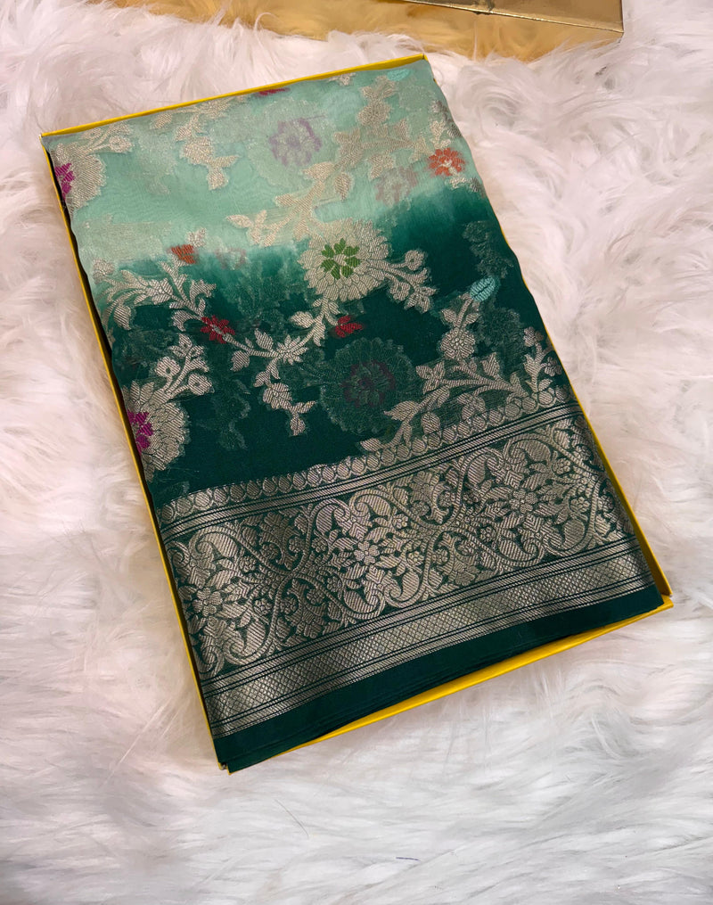 SAREEN Mint Green Georgette Chiffon Silk Saree with Floral Zari Border