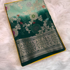 SAREEN Mint Green Georgette Chiffon Silk Saree with Floral Zari Border