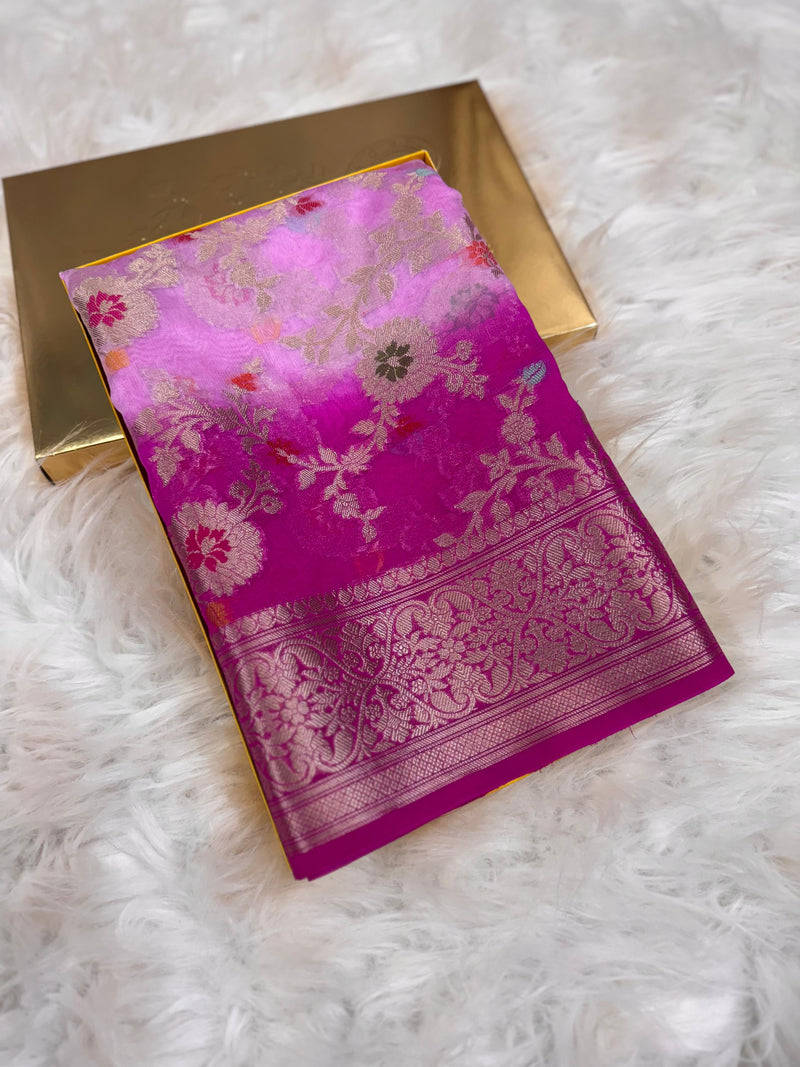 SAREEN Dual Tone Pink Georgette Chiffon Silk Saree with Zari Border