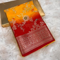 Yellow Red Georgette Chiffon Silk Saree with Zari Border | SAREEN