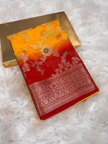 Yellow Red Georgette Chiffon Silk Saree with Zari Border | SAREEN
