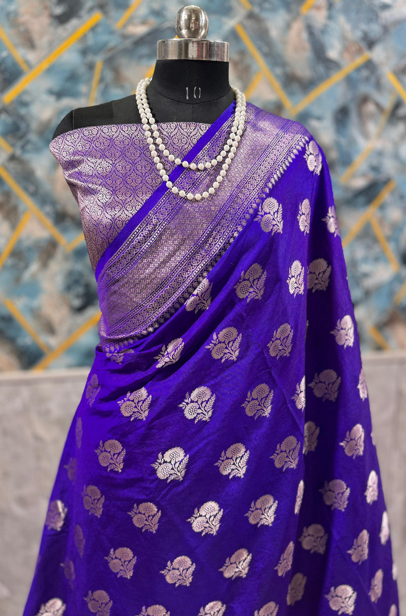 SAREEN Royal Blue Mango Dhupian Silk Saree with Silver Zari Butti & Rich Border
