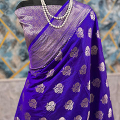 SAREEN Royal Blue Mango Dhupian Silk Saree with Silver Zari Butti & Rich Border
