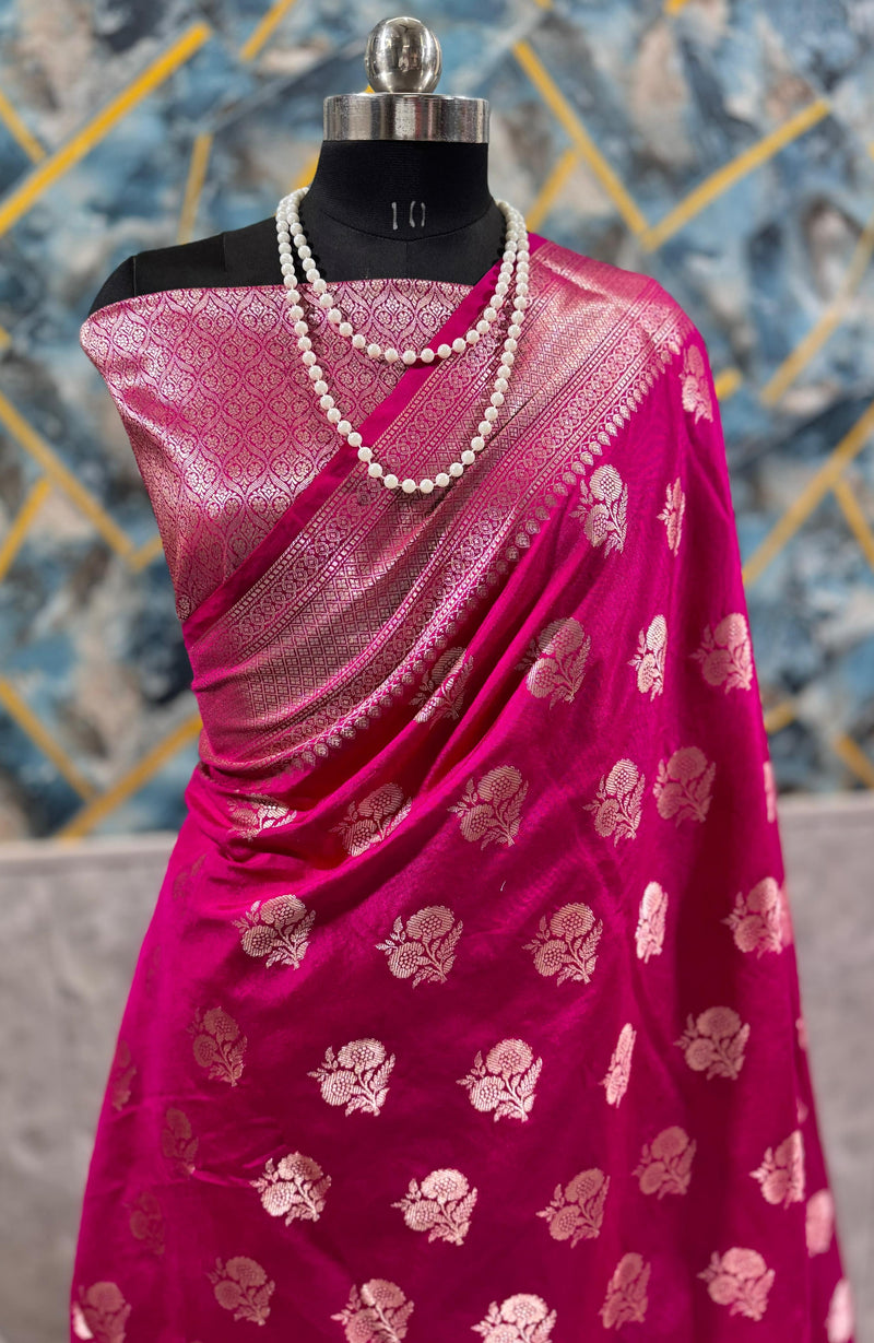 SAREEN Rani Pink Mango Dhupian Silk Saree with Gold Zari Butti & Rich Border