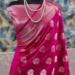 SAREEN Rani Pink Mango Dhupian Silk Saree with Gold Zari Butti & Rich Border