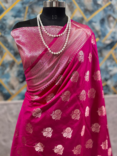 SAREEN Rani Pink Mango Dhupian Silk Saree with Gold Zari Butti & Rich Border