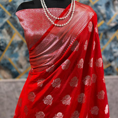 SAREEN Royal Red Mango Dhupian Silk Saree with Gold Zari Butti & Border