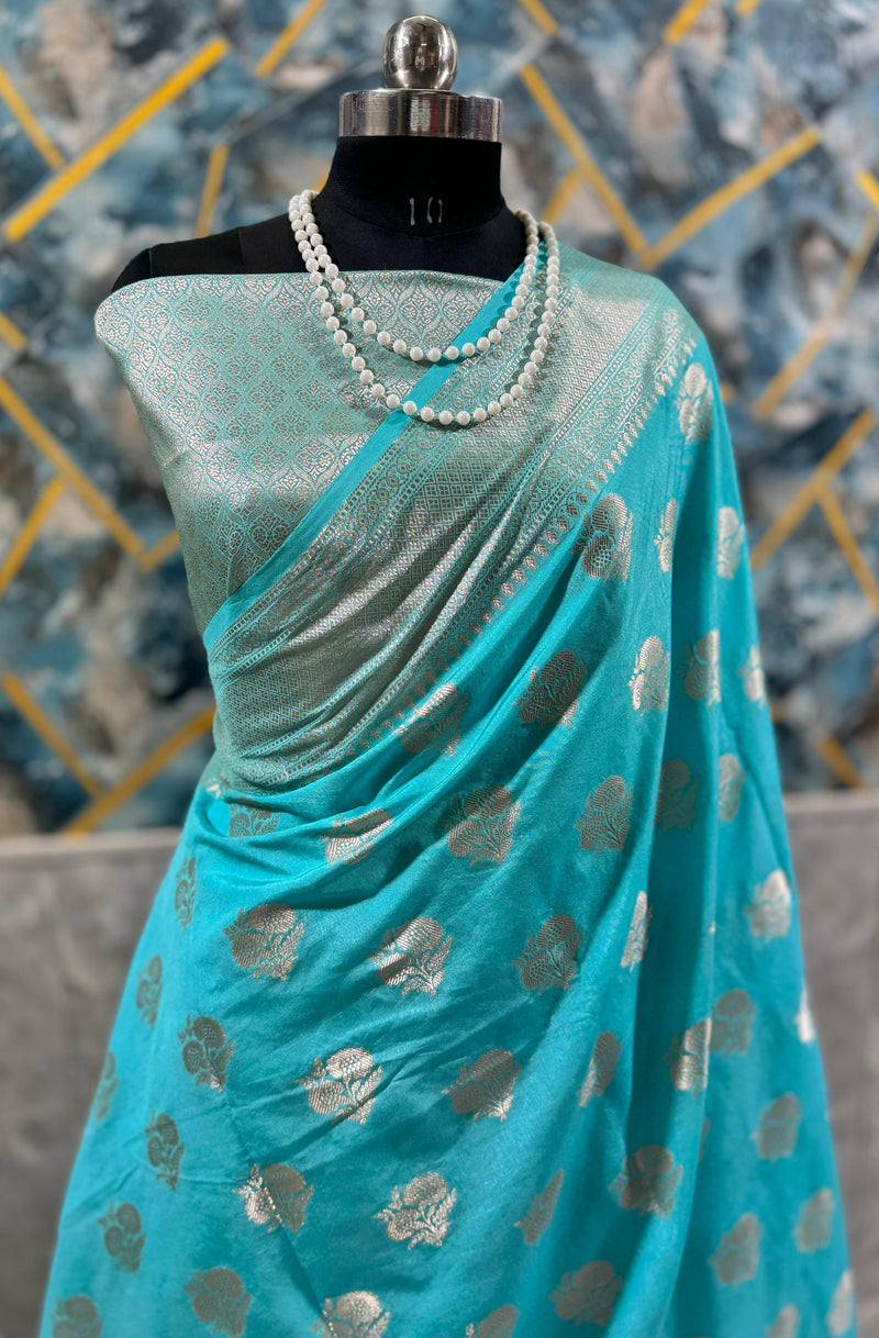 SAREEN Aqua Turquoise Mango Dhupian Silk Saree with Silver Zari Border