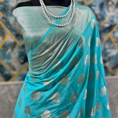 SAREEN Aqua Turquoise Mango Dhupian Silk Saree with Silver Zari Border