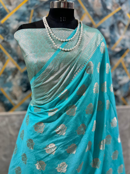 SAREEN Aqua Turquoise Mango Dhupian Silk Saree with Silver Zari Border