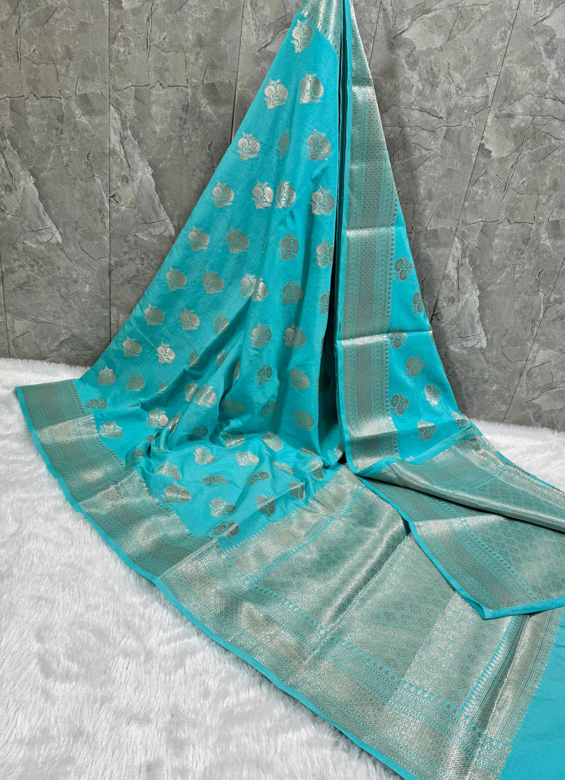 SAREEN Aqua Turquoise Mango Dhupian Silk Saree with Silver Zari Border