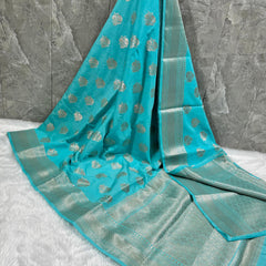 SAREEN Aqua Turquoise Mango Dhupian Silk Saree with Silver Zari Border