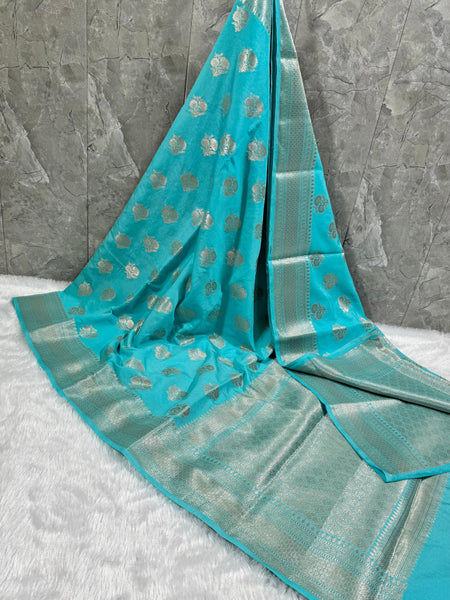 SAREEN Aqua Turquoise Mango Dhupian Silk Saree with Silver Zari Border