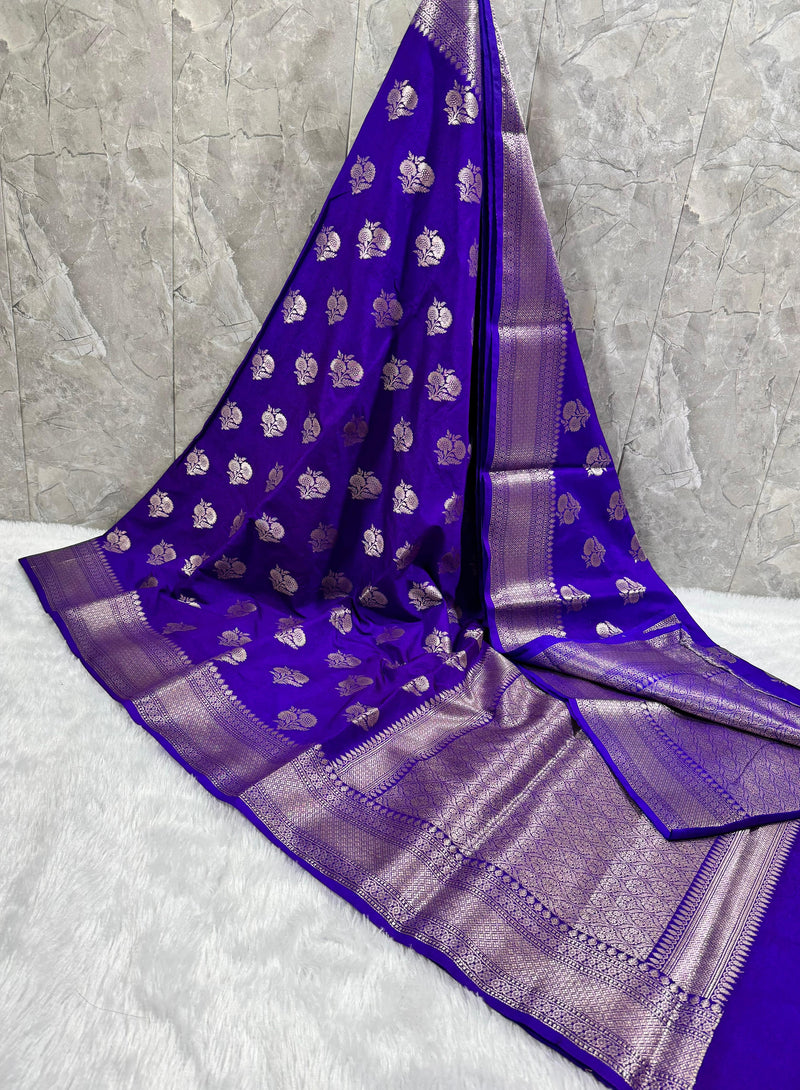 SAREEN Royal Blue Mango Dhupian Silk Saree with Silver Zari Butti & Rich Border
