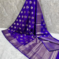 SAREEN Royal Blue Mango Dhupian Silk Saree with Silver Zari Butti & Rich Border