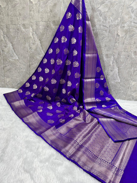 SAREEN Royal Blue Mango Dhupian Silk Saree with Silver Zari Butti & Rich Border