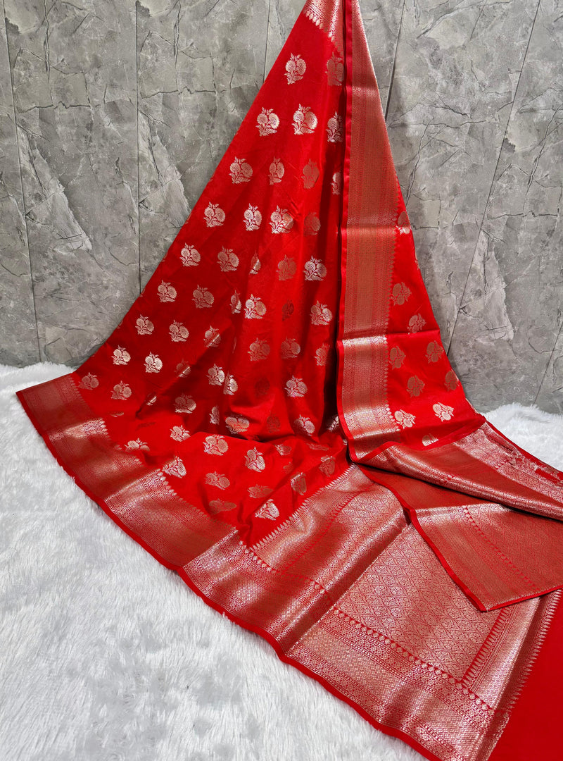 SAREEN Royal Red Mango Dhupian Silk Saree with Gold Zari Butti & Border
