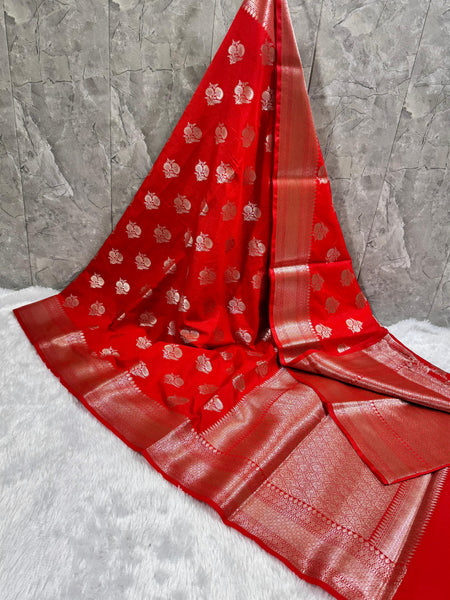SAREEN Royal Red Mango Dhupian Silk Saree with Gold Zari Butti & Border