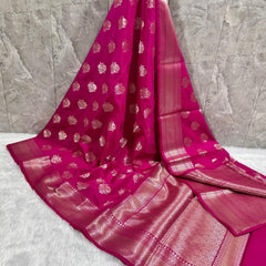 SAREEN Rani Pink Mango Dhupian Silk Saree with Gold Zari Butti & Rich Border