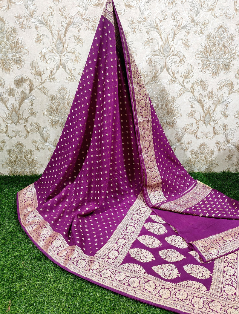 SAREEN Royal Purple Georgette Silk Saree with Gold Zari Butti & Heavy Woven Border