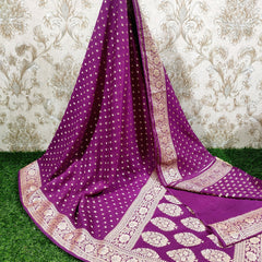 SAREEN Royal Purple Georgette Silk Saree with Gold Zari Butti & Heavy Woven Border