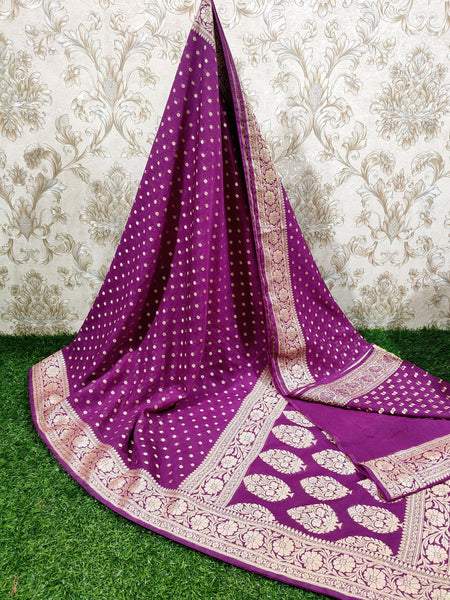 SAREEN Royal Purple Georgette Silk Saree with Gold Zari Butti & Heavy Woven Border